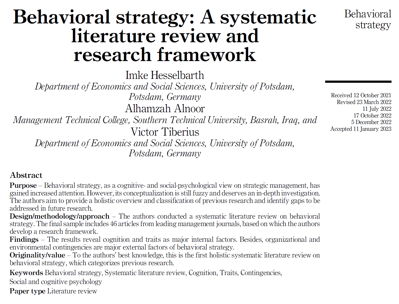 Behavioral Strategy Victor Tiberius